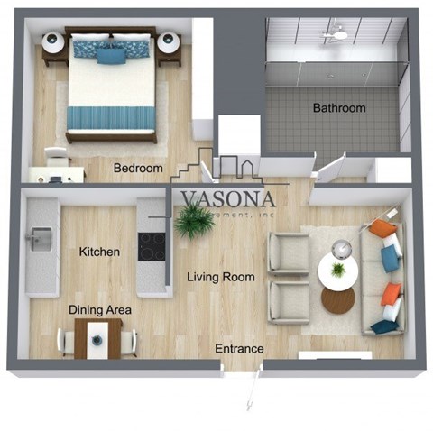 Floor plan for 1 bed, 1 bath, 700 sqft